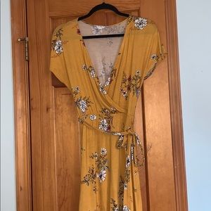Yellow floral wrap dress